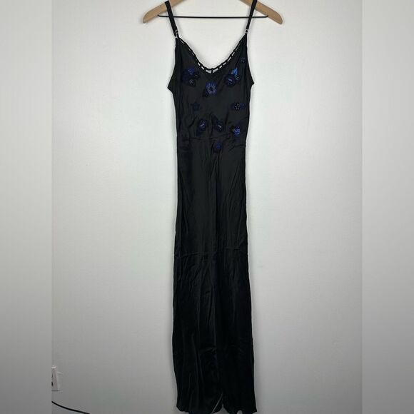 Poupette St Barth Black Satin Embroidered Floral Side Slit Maxi Resort Dress - Picture 1 of 10